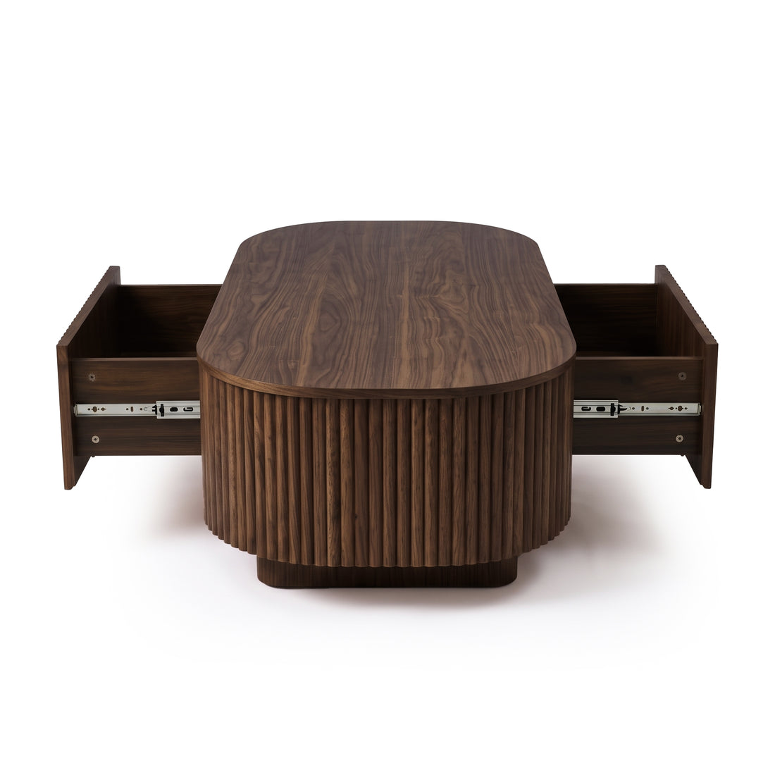 Oval dark wood coffee table with both drawers fully extended on a white background