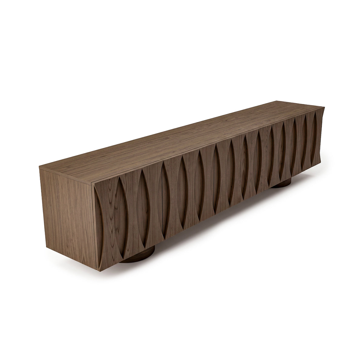 Modern wooden sideboard with sculpted wave-pattern front on a white background