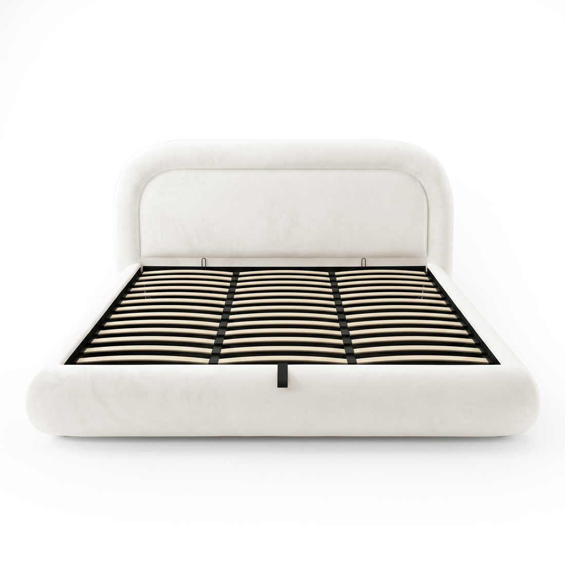 Upholstered bed frame with visible wooden slats on white background