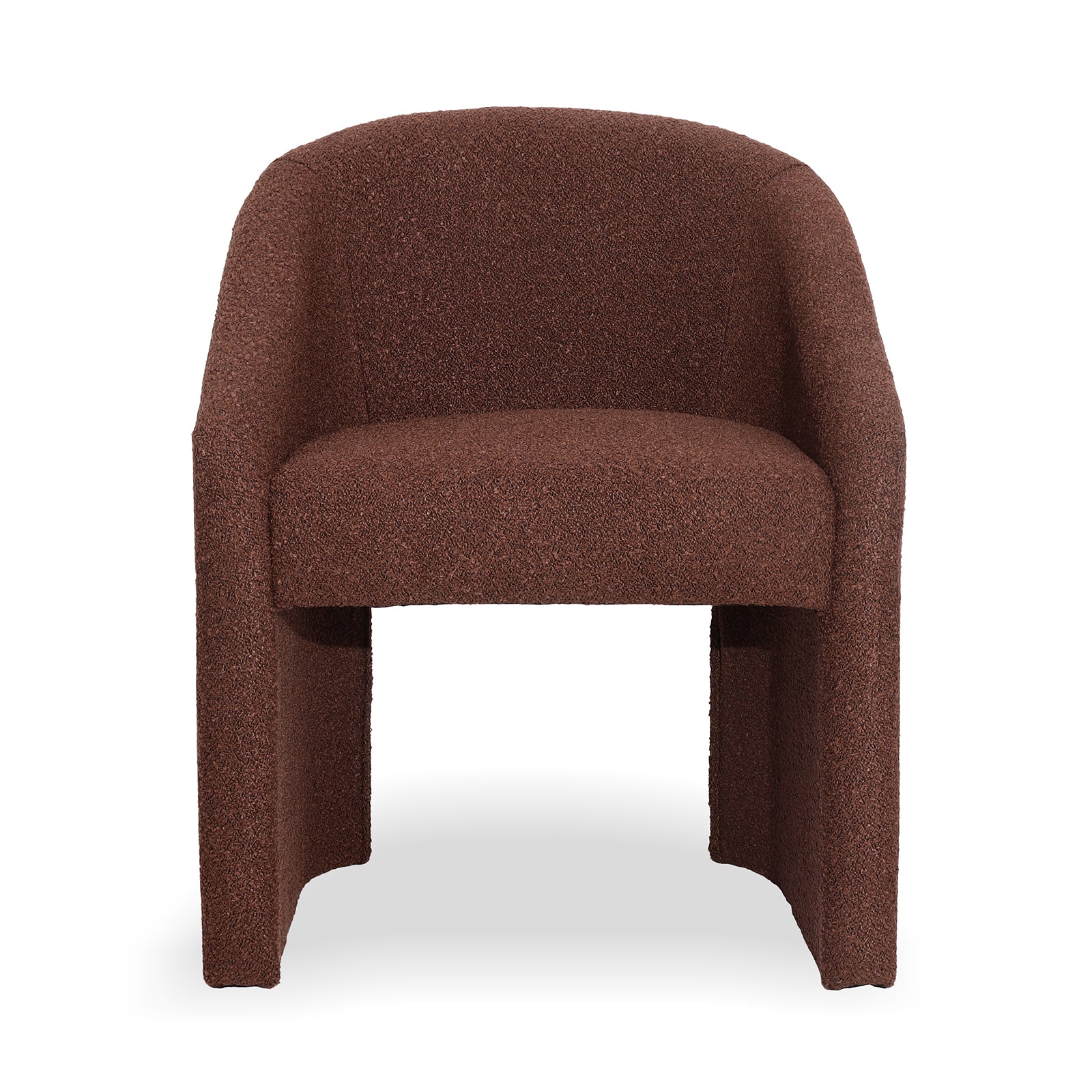 Nuve Bouclé Upholstered Accent Armchair in Rust Brown featuring a curved back, textured fabric, and padded seat with integrated legs, offering a stylish, compact design for cozy, modern living spaces.
