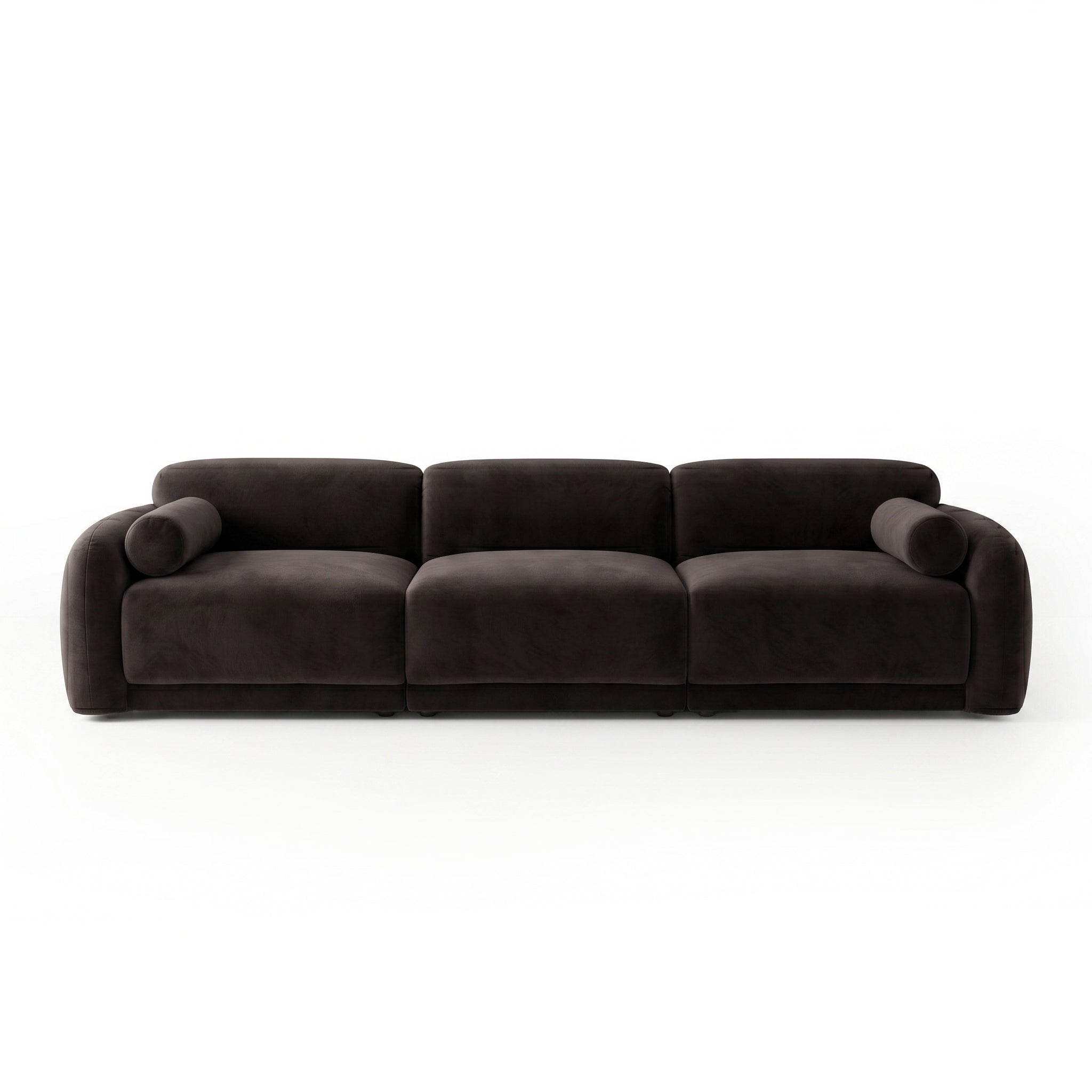 Modern three-seat sofa with rounded armrests on white background