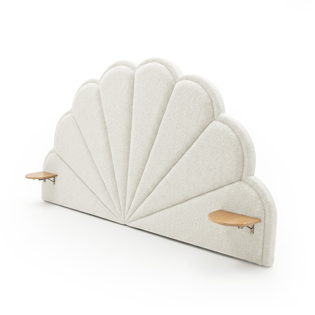 Upholstered shell-shaped headboard with wooden side shelves on white background