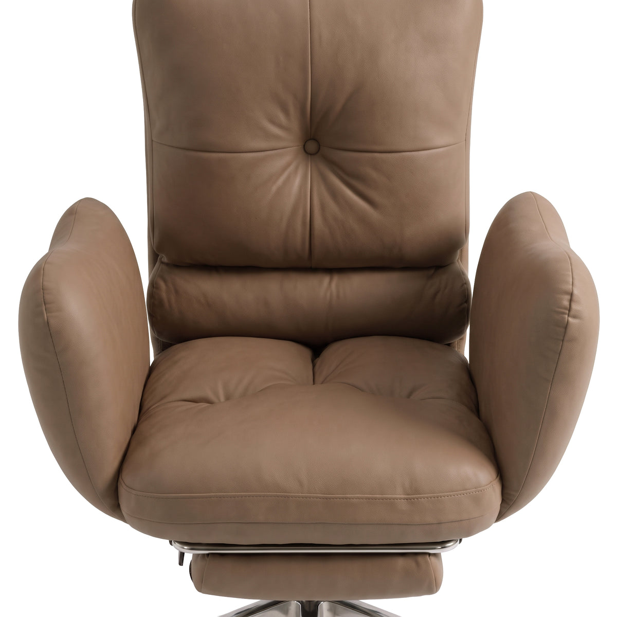 Modern brown leather swivel lounge chair with plush cushioning and tufted details on a white background