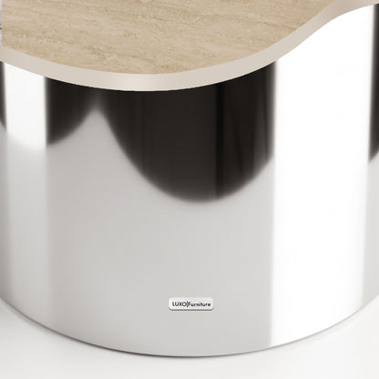 Close-up of a modern table base and stone-like top edge on a white background