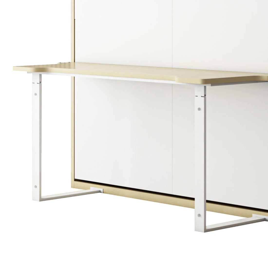 Logan Queen Murphy Bed with Cybele Mattress features a minimalist floating desk—a light-wood tabletop with white U-shaped brackets, mounted on a wall panel for compact, stylish functionality.