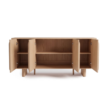 Wooden sideboard with open doors revealing interior shelves on a white background