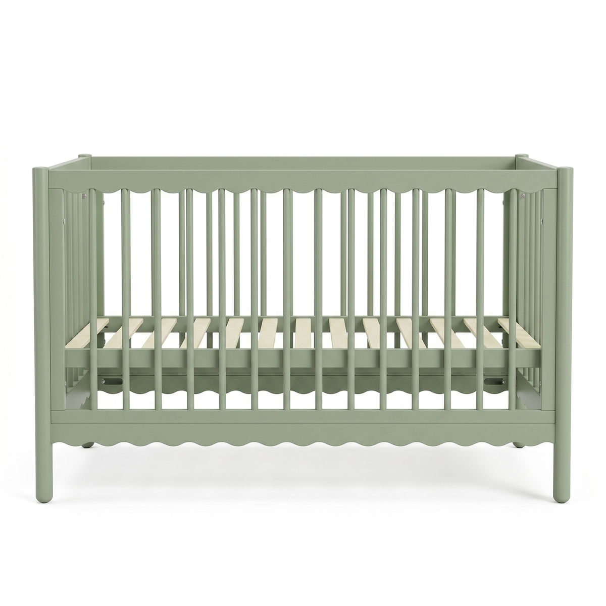Full-view of sage green baby crib on white background