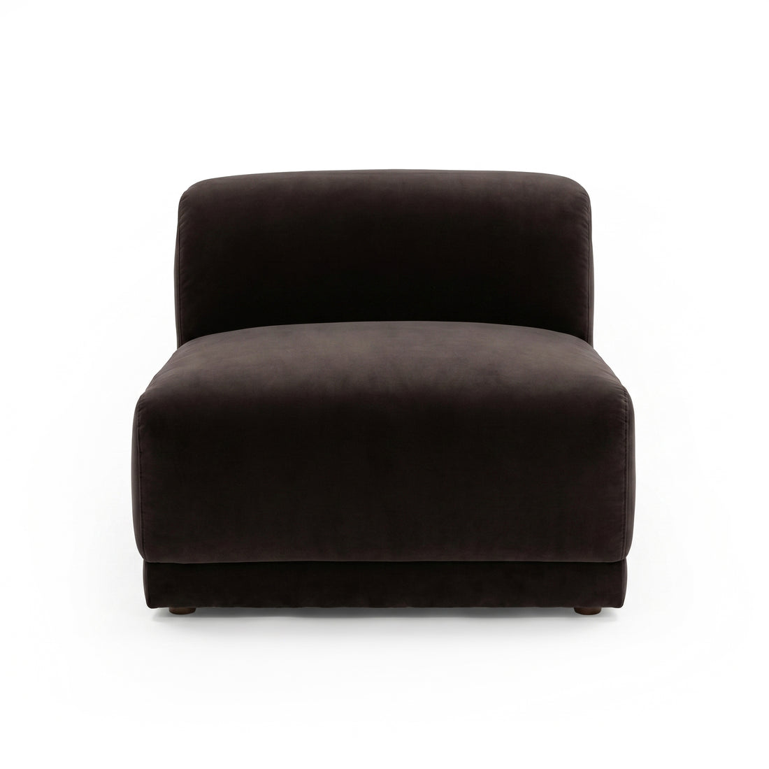 Sleek armless accent chair in dark plush fabric on white background