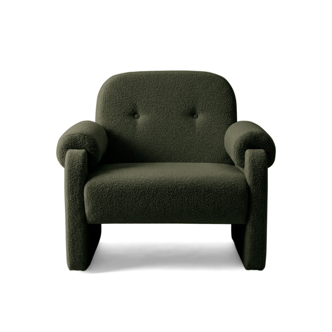 Front view of green tufted armchair on white background