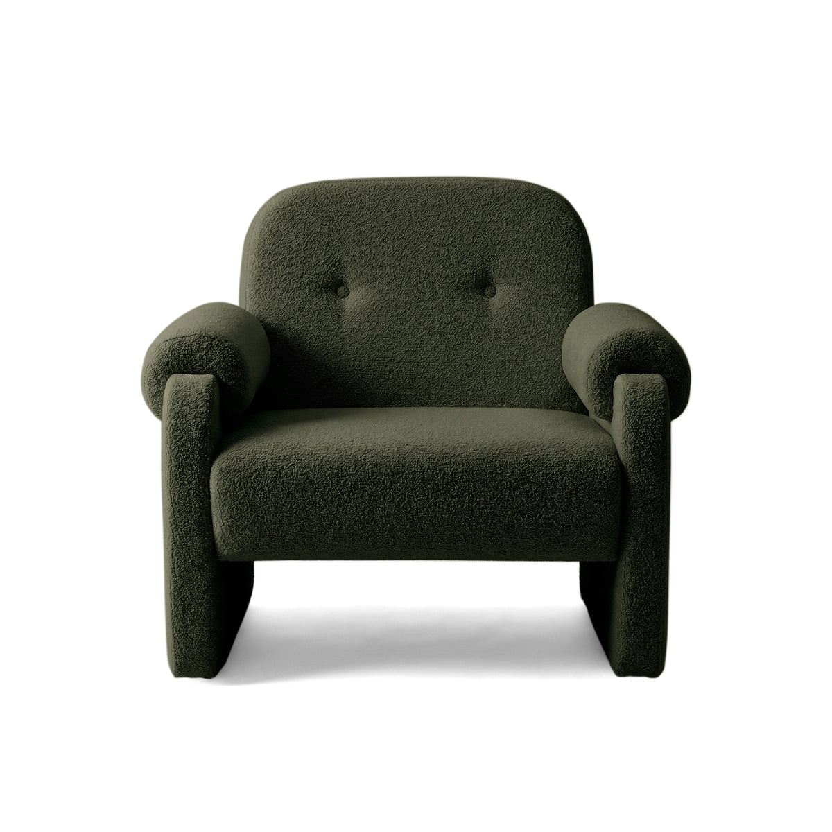 Front view of green tufted armchair on white background