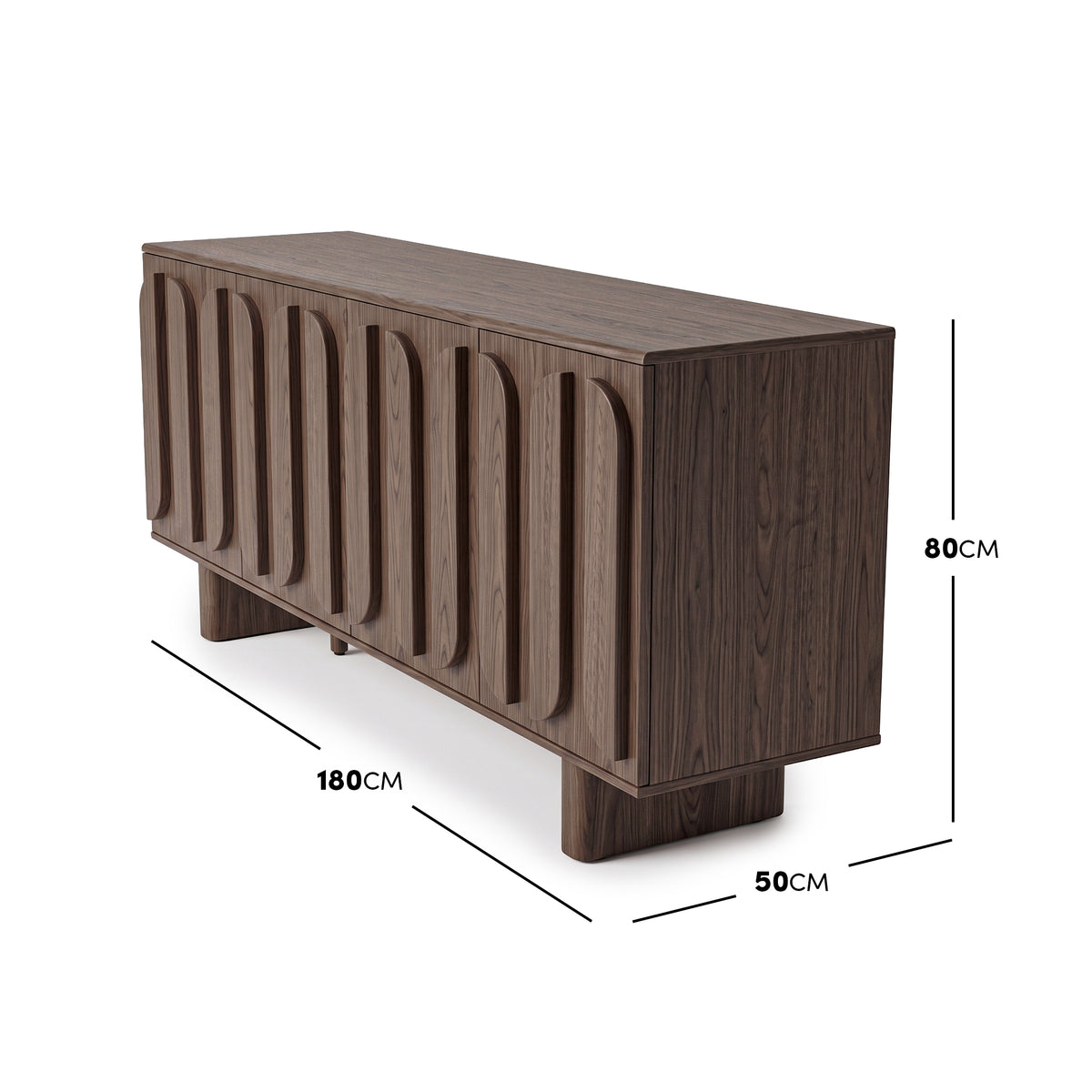 Wooden sideboard on a white background with dimensions shown: 180cm wide, 50cm deep, 80cm high.