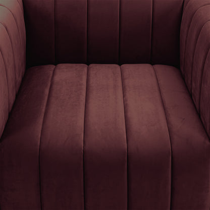 Overhead partial view of burgundy upholstered seating