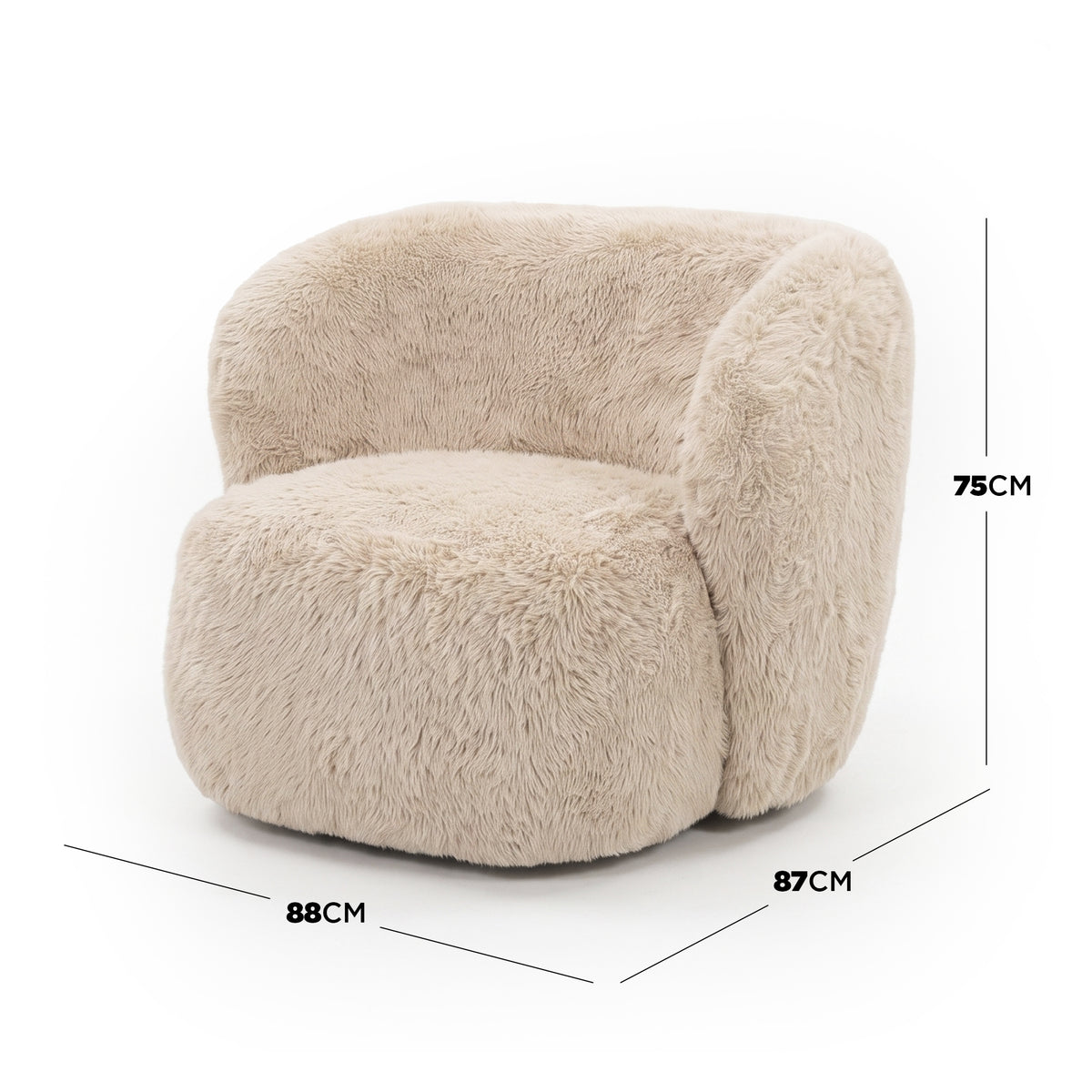 Beige faux fur accent chair on white background with dimensions labeled