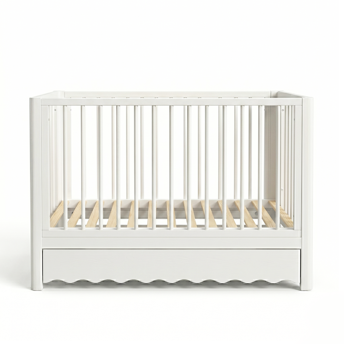 White wooden crib with storage drawer on white background