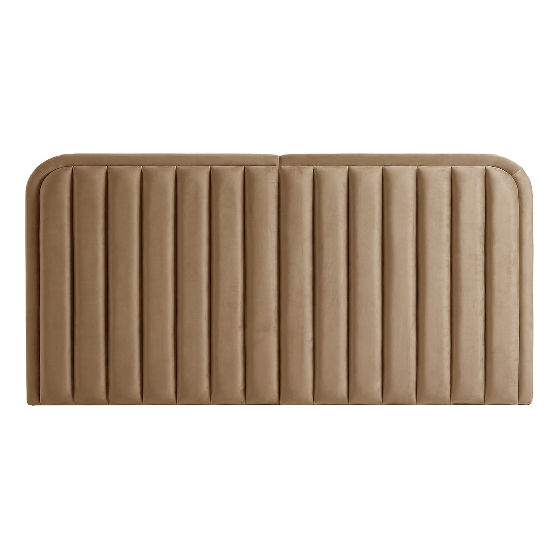 Tan upholstered headboard with vertical channel tufting on white background