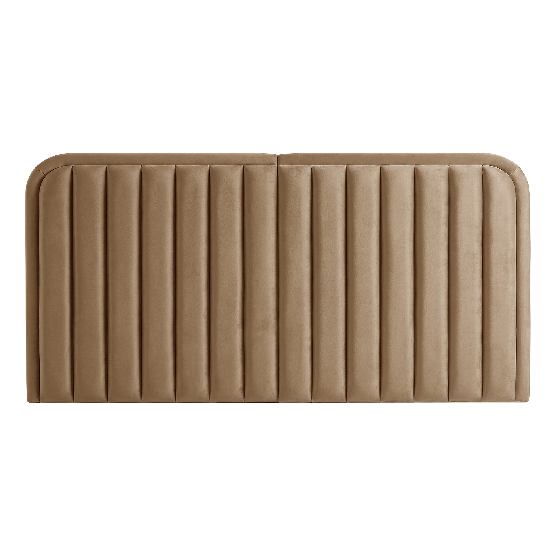 Tan upholstered headboard with vertical channel tufting on white background