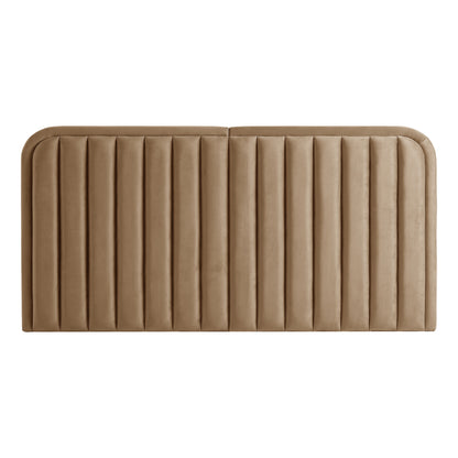 Tan upholstered headboard with vertical channel tufting on white background