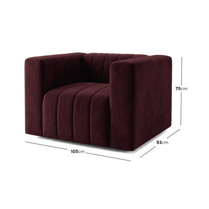 Dark Merlot armchair on white background with labeled dimensions