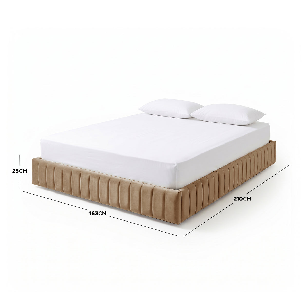 Beige upholstered bed frame with white bedding and overlaid dimension lines on white background