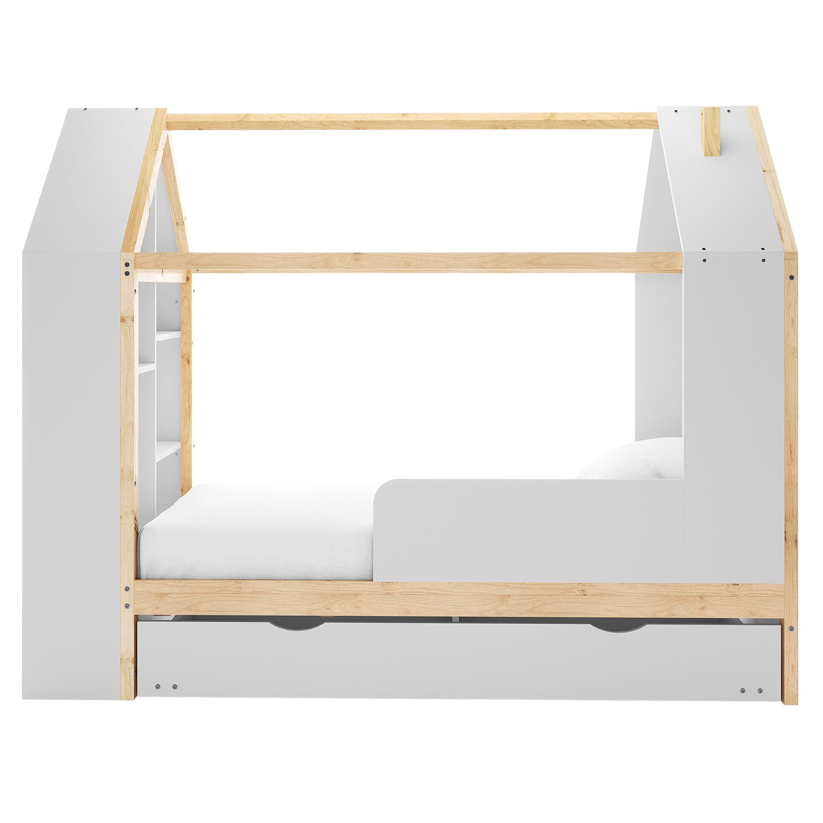 Haron Single Cubby House Bed Storage in White & Natural: Light-toned wood frame shaped like a house, partial guard rail, built-in shelving, and large under-bed drawer for storage. Perfect for children's imaginative play.