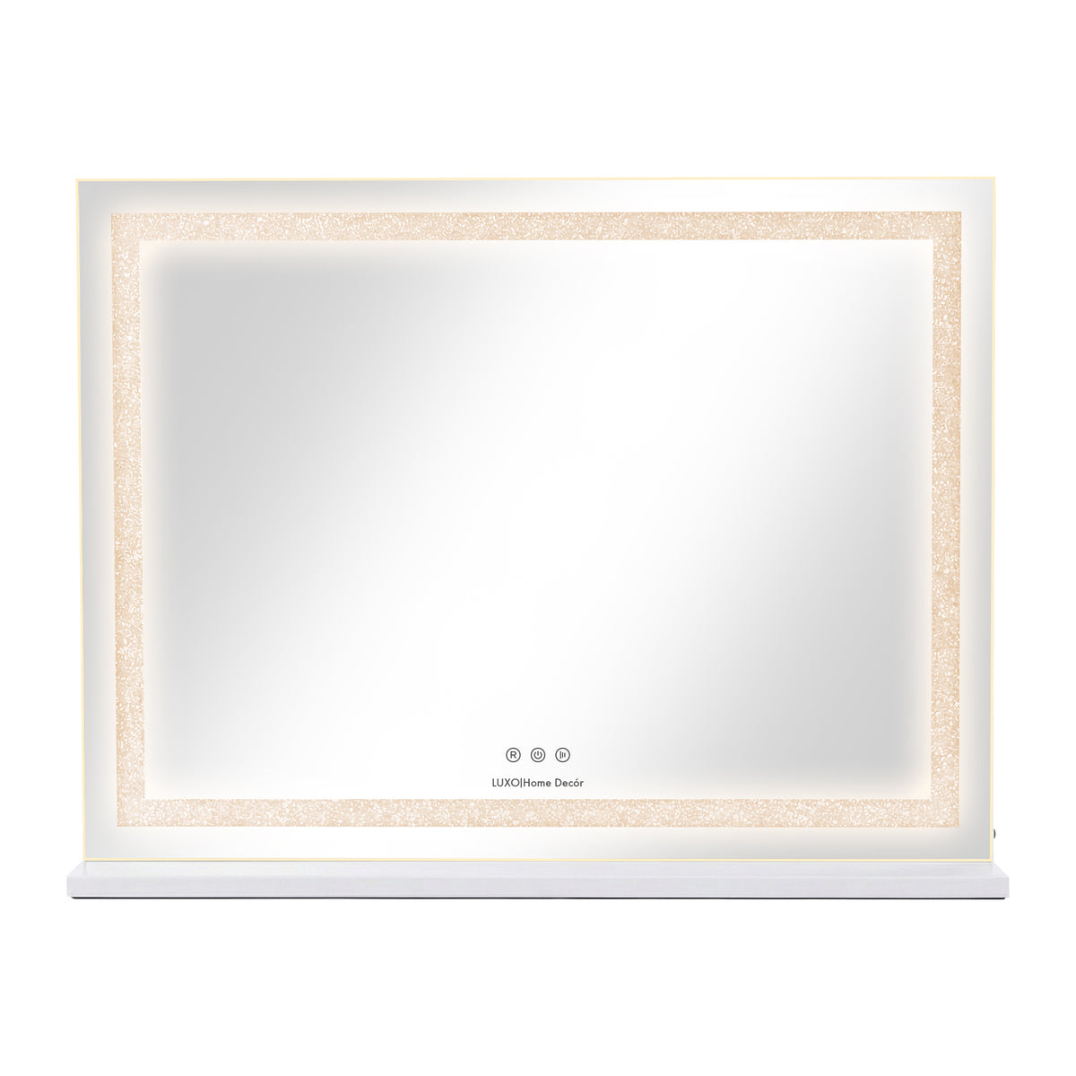Wall-mounted LED mirror with integrated LED light border and touch controls on white background