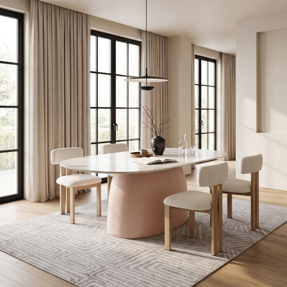 Modern oval dining table styled in a contemporary dining room with chairs and decor