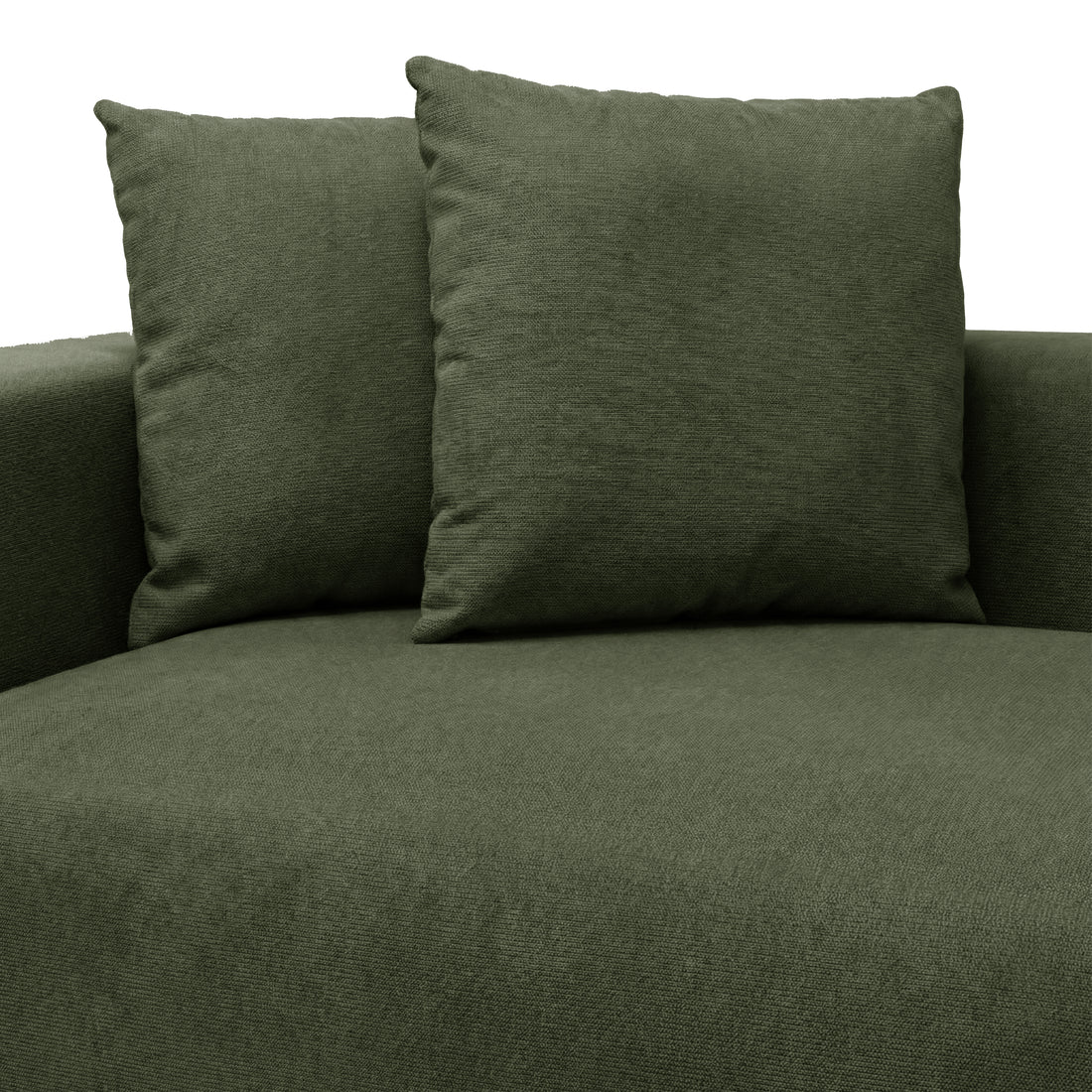 Top section of dark green sofa with two matching cushions on white background