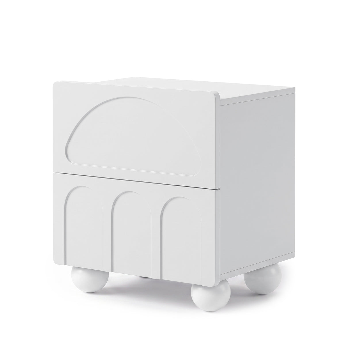 Modern white side table or nightstand with two drawers on a white background.