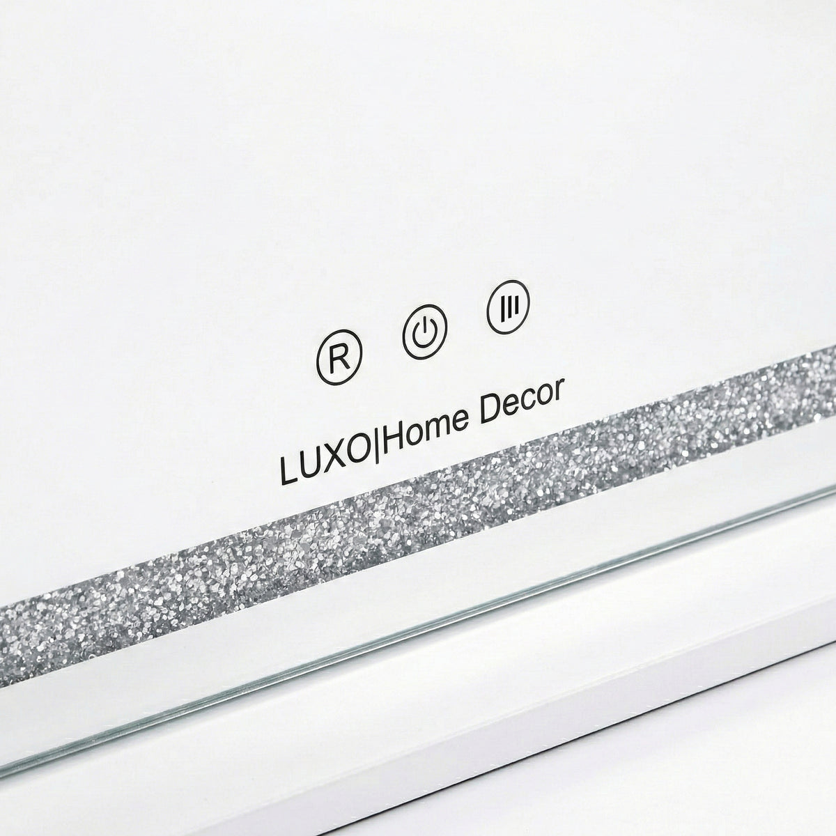 Close-up showing glitter strip and branding icons of the mirror on white background