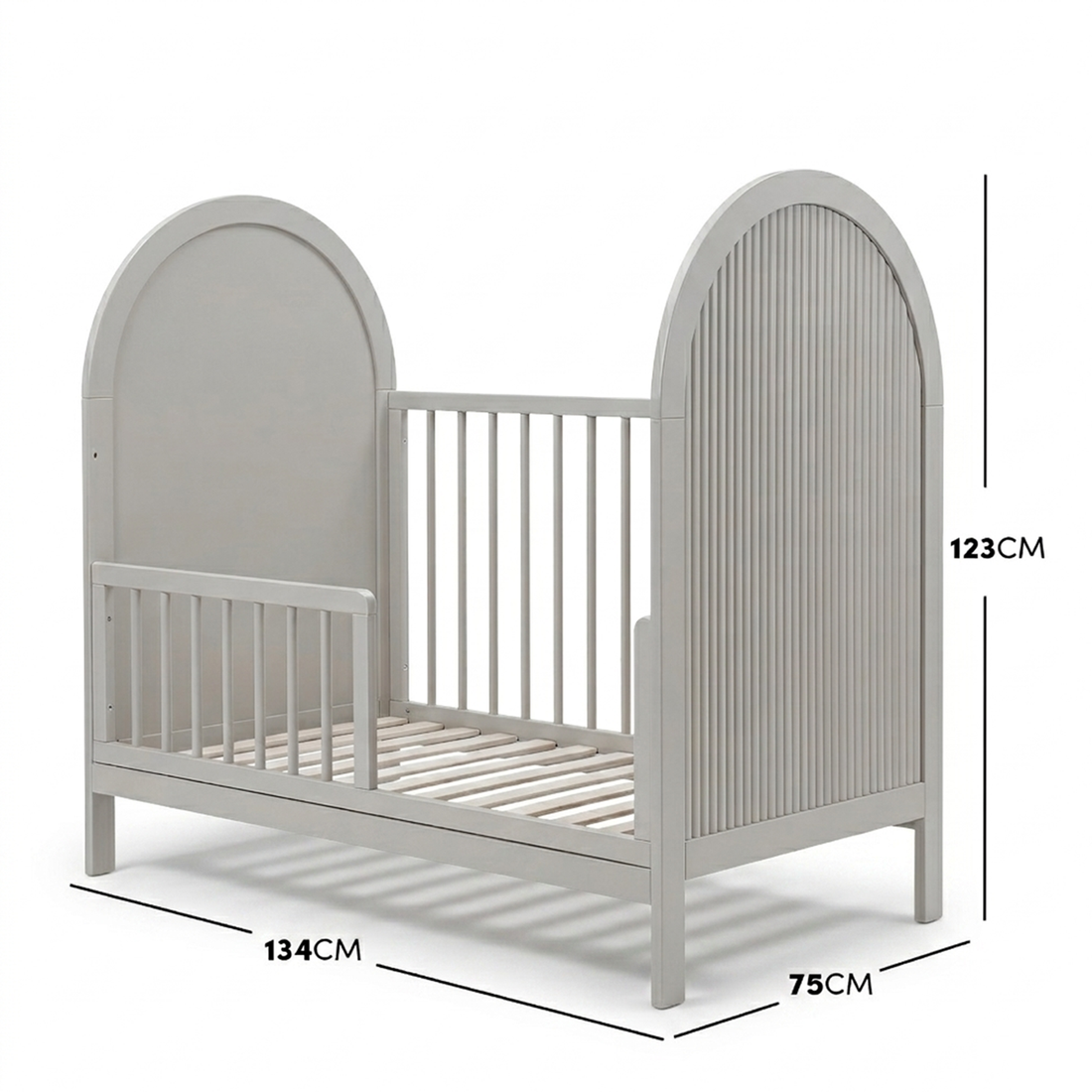 Light gray crib with dimension labels on white background - Dimensions