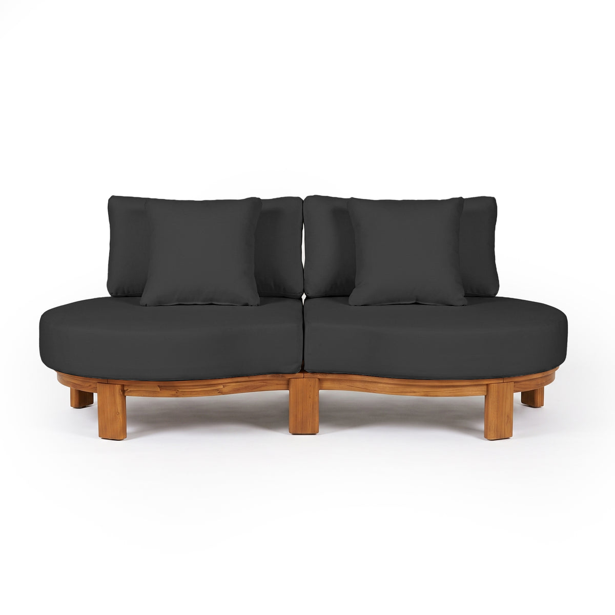 Modern curved sofa with black cushions and wooden base on white background