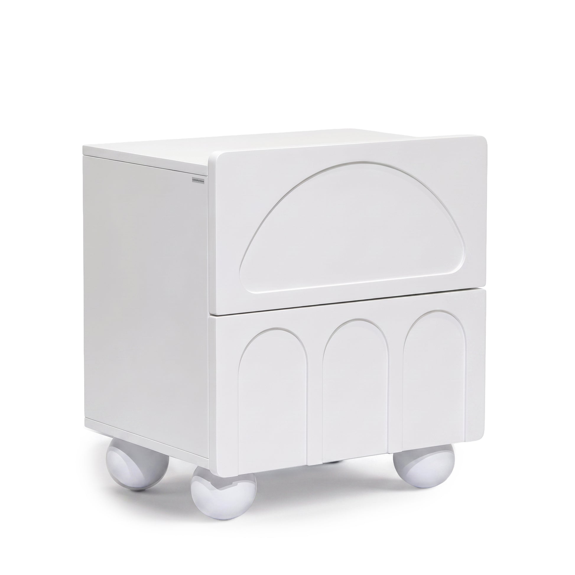 White rolling storage nightstand with two drawers on a white background.