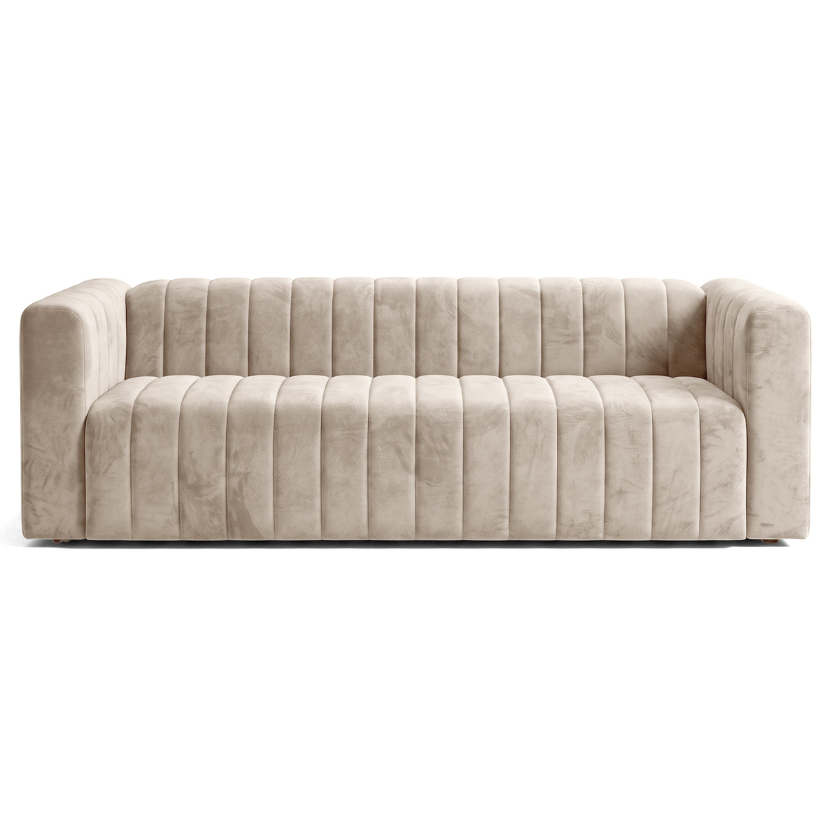 Beige channel-tufted sofa on a white background