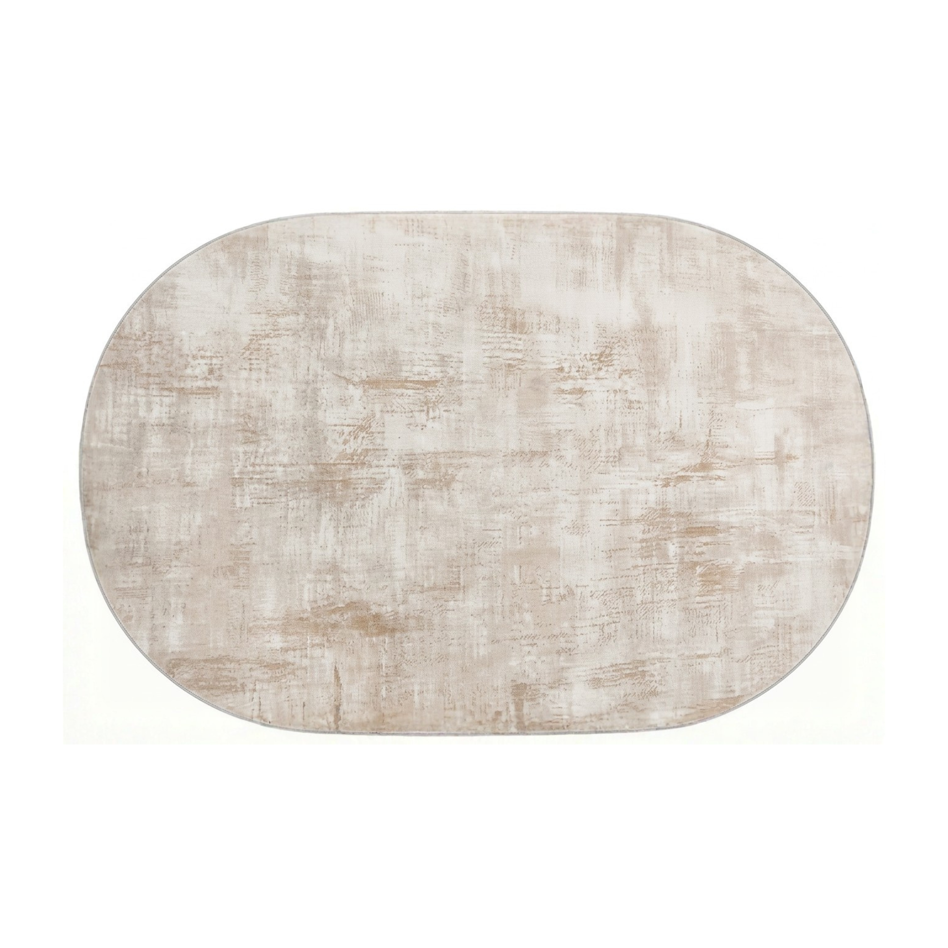 Oval beige and off-white textured rug shown in full on a white background