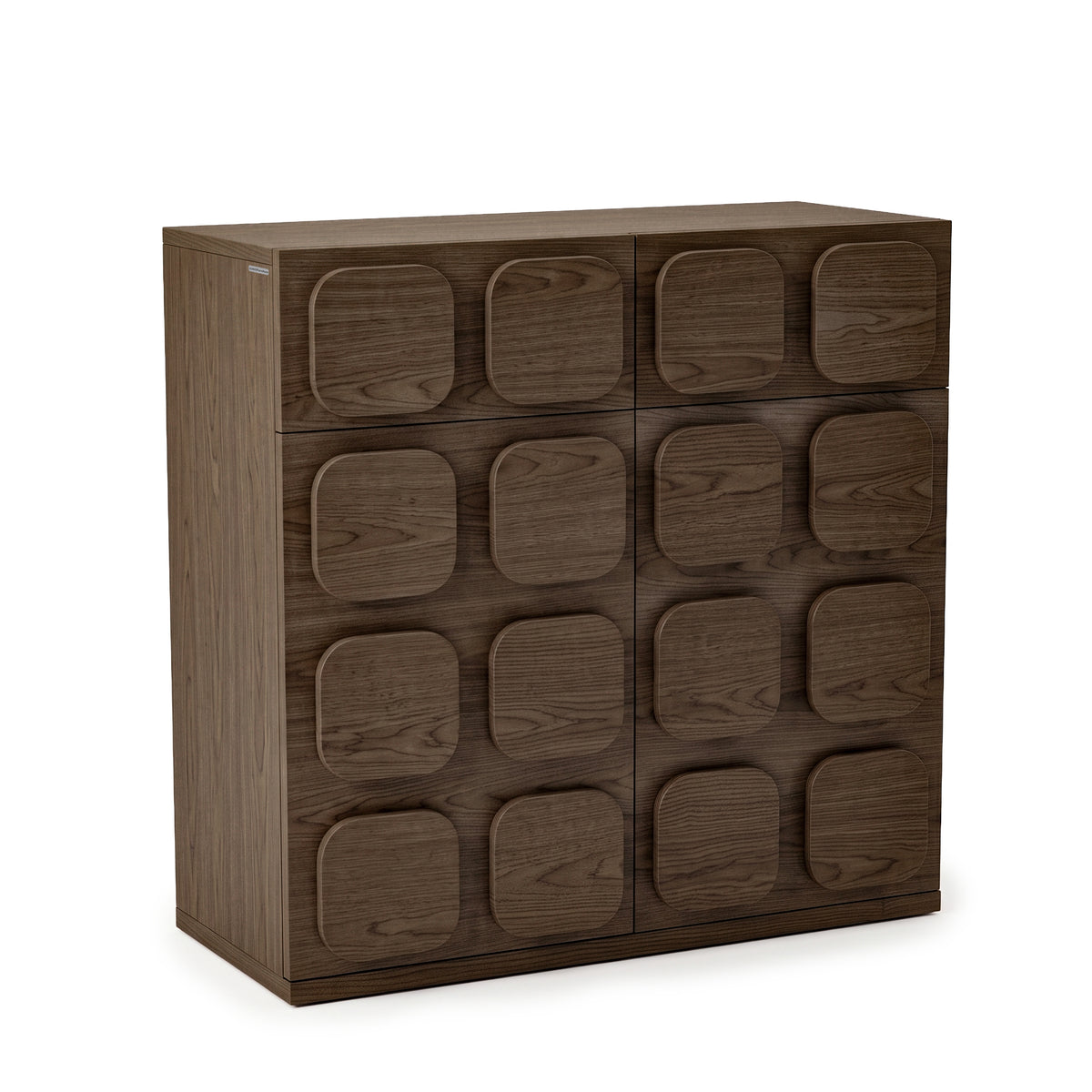 Modern dark wooden storage cabinet with a geometric square pattern on a white background