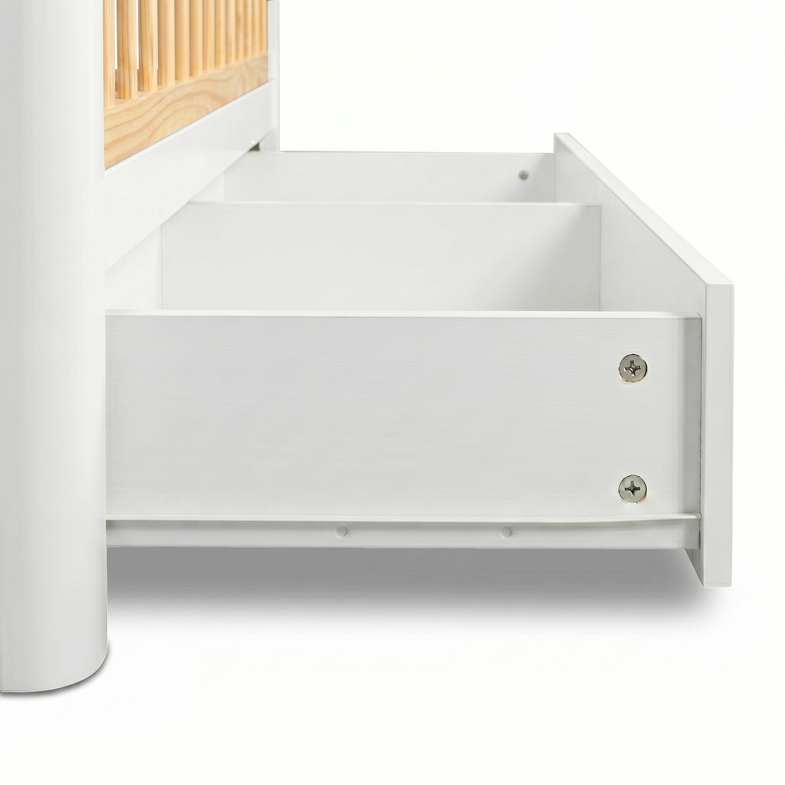 Close-up of white drawer storage detail of furniture on white background