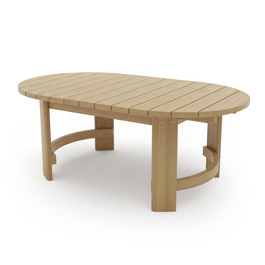 Delva 4 Seater Hardwood Acacia Outdoor Sofa Set features a low, oval-shaped wooden table with a slatted top and curved stretchers, showcasing a natural wood finish against a white background.