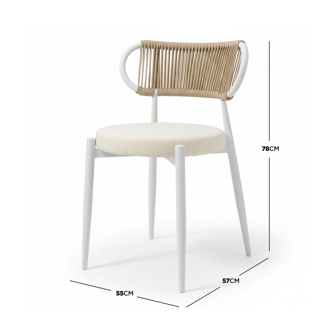 Cabria 7 Piece Sintered Stone Outdoor Dining Set in Beige features a modern chair with a round, padded seat, slender white legs, and a bent tubing backrest wrapped in natural tan rope.