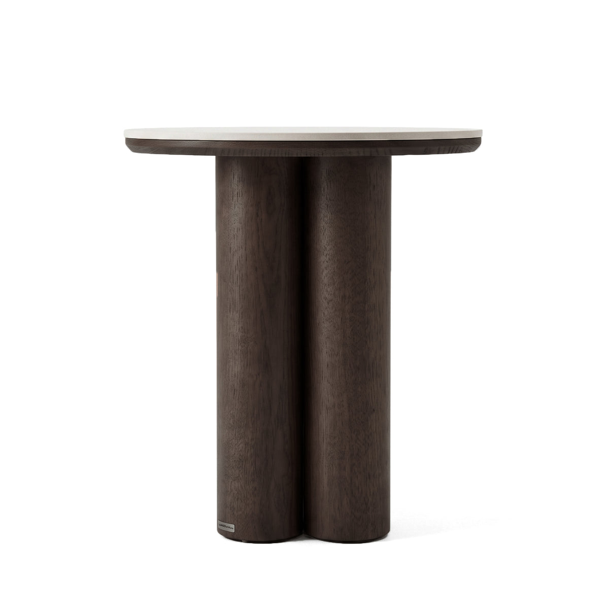 Cylindrical wooden side table with round top on a white background
