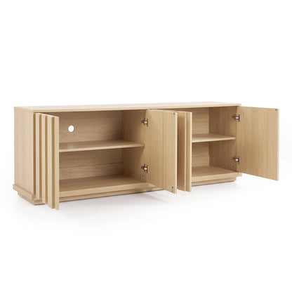 Light wood sideboard with all doors open on a white background