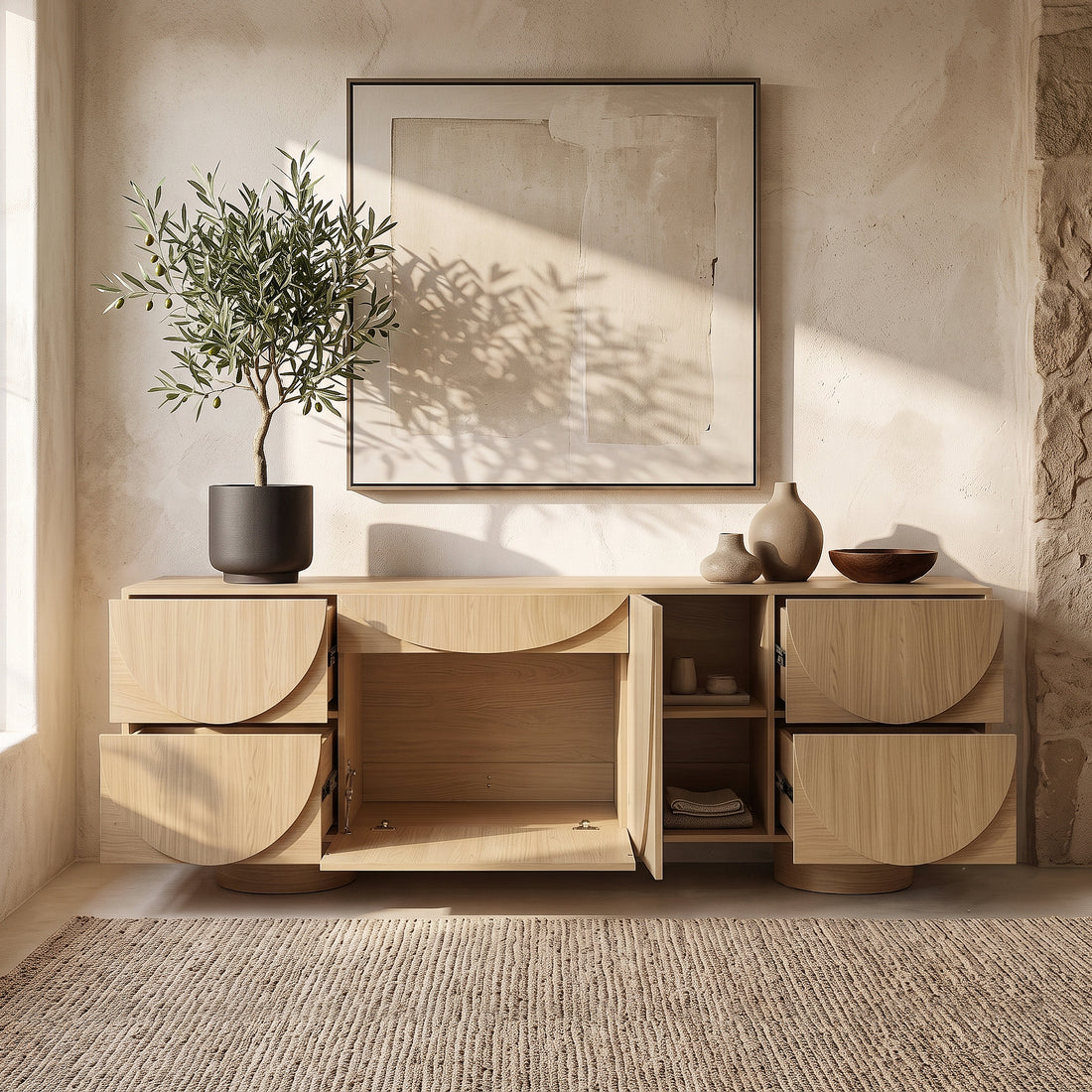 Styled room scene with wooden sideboard, plants, and decor