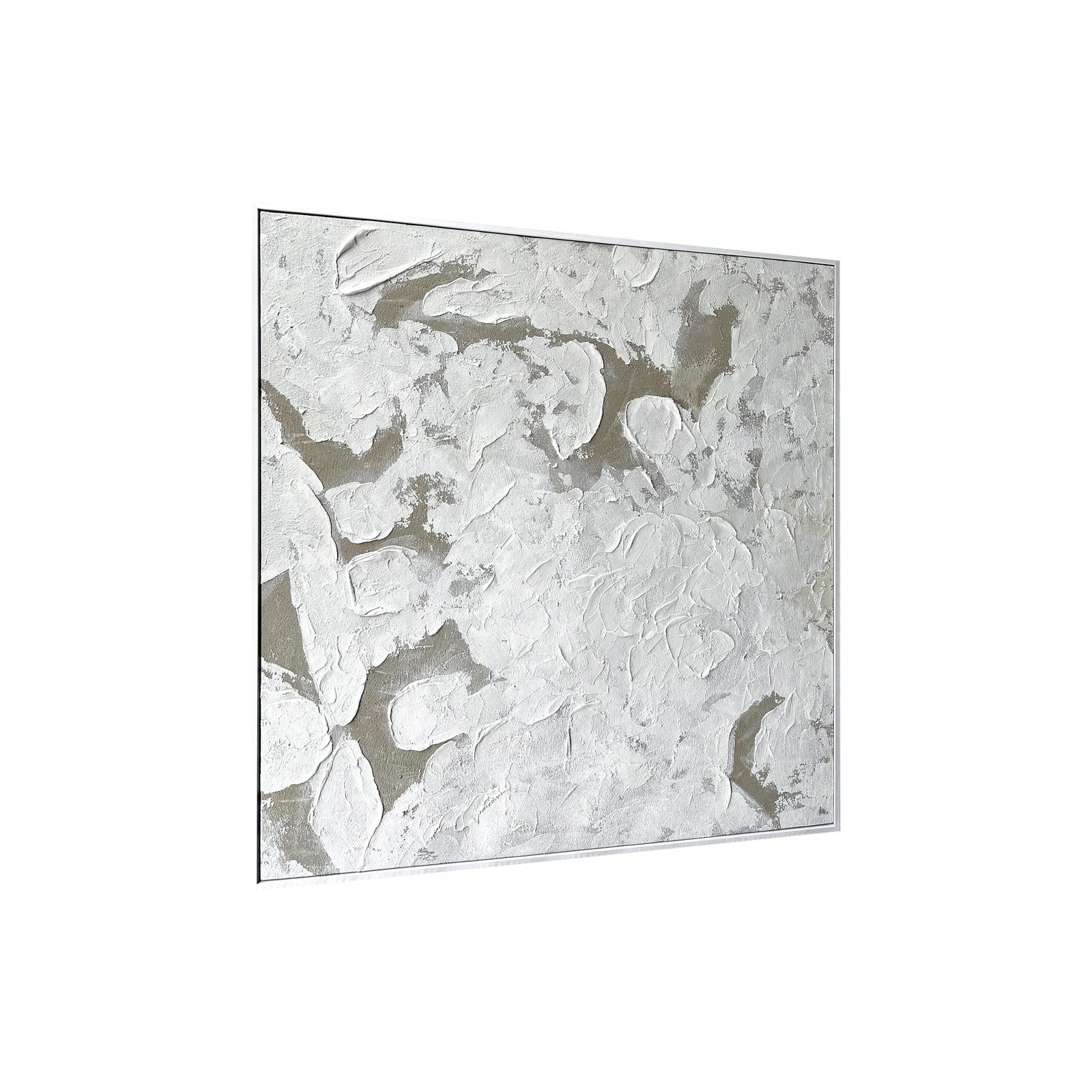 Luma Framed Canvas Wall Art 105 x 105cm in White features a sculptural, impasto-style off-white texture with beige undertones, framed in minimalist white, creating a modern, gallery-like focal point.