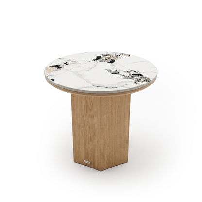 Round table with a white marble-style top and vertical wood-textured base on a white background.
