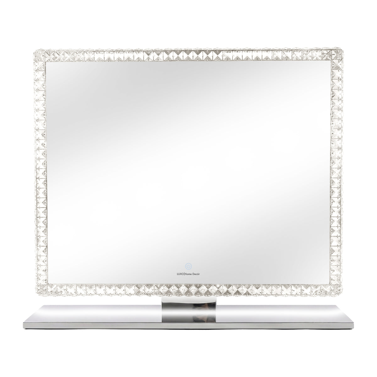 Square tabletop mirror with crystal-encrusted frame on white background