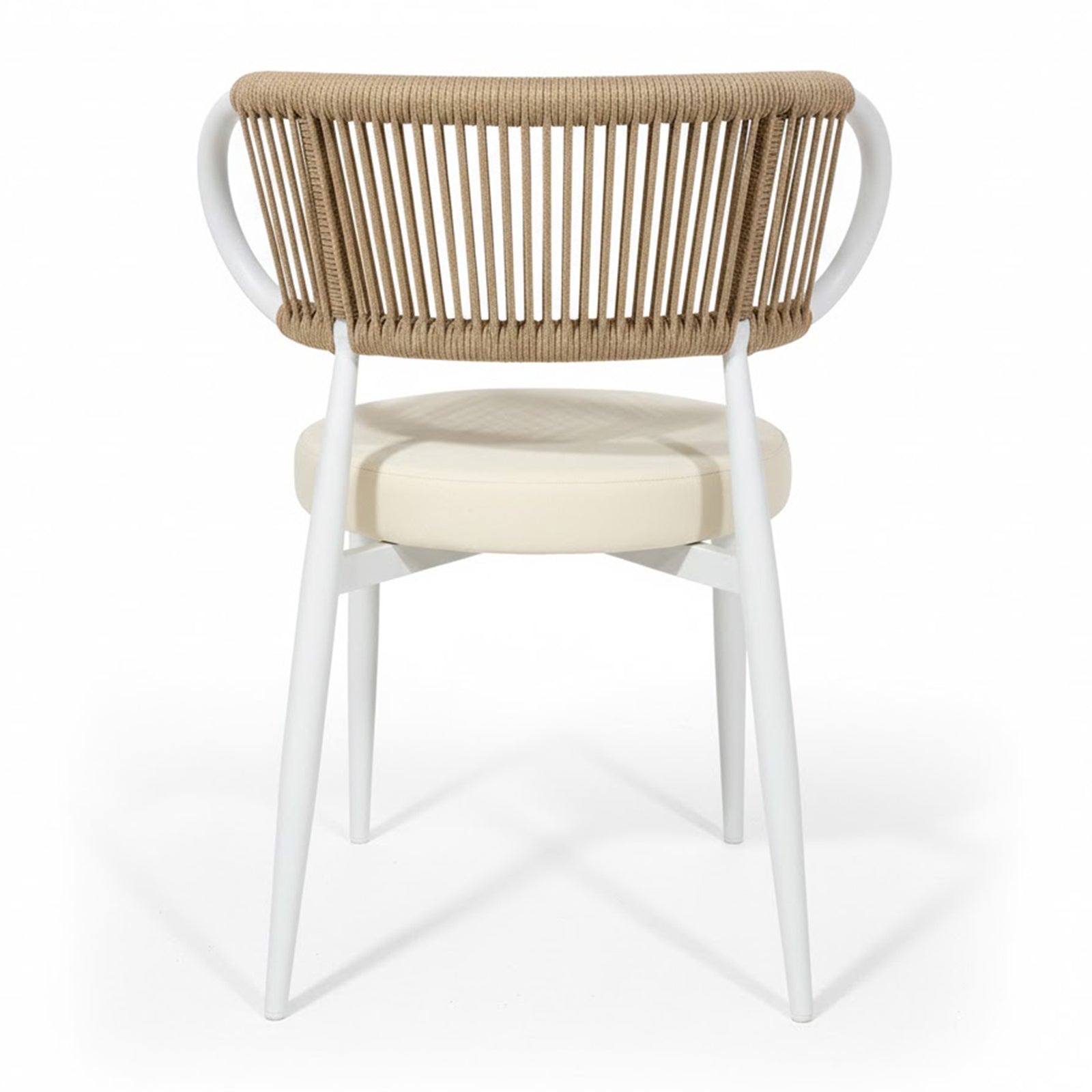 Cabria 7 Piece Sintered Stone Outdoor Dining Set in Beige features a modern chair with a slim white metal frame, round padded seat, and a curved oval backrest of tightly wrapped tan rope.