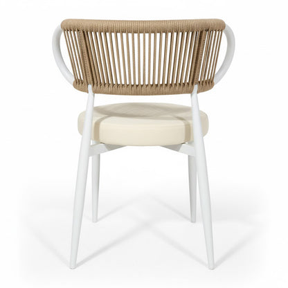 Cabria 7 Piece Sintered Stone Outdoor Dining Set in Beige features a modern chair with a slim white metal frame, round padded seat, and a curved oval backrest of tightly wrapped tan rope.