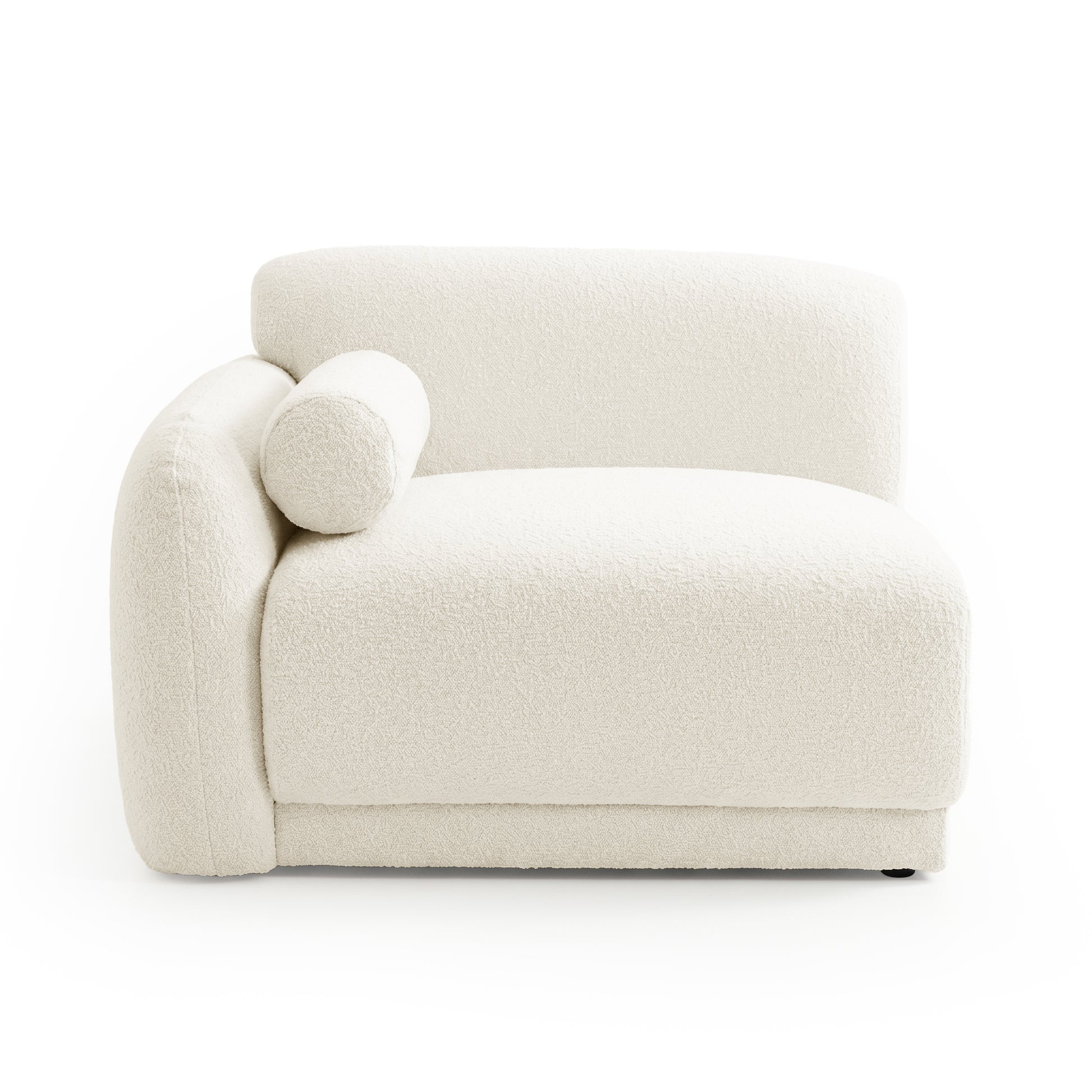 Off-white left-arm chaise lounge with bolster pillow on white background