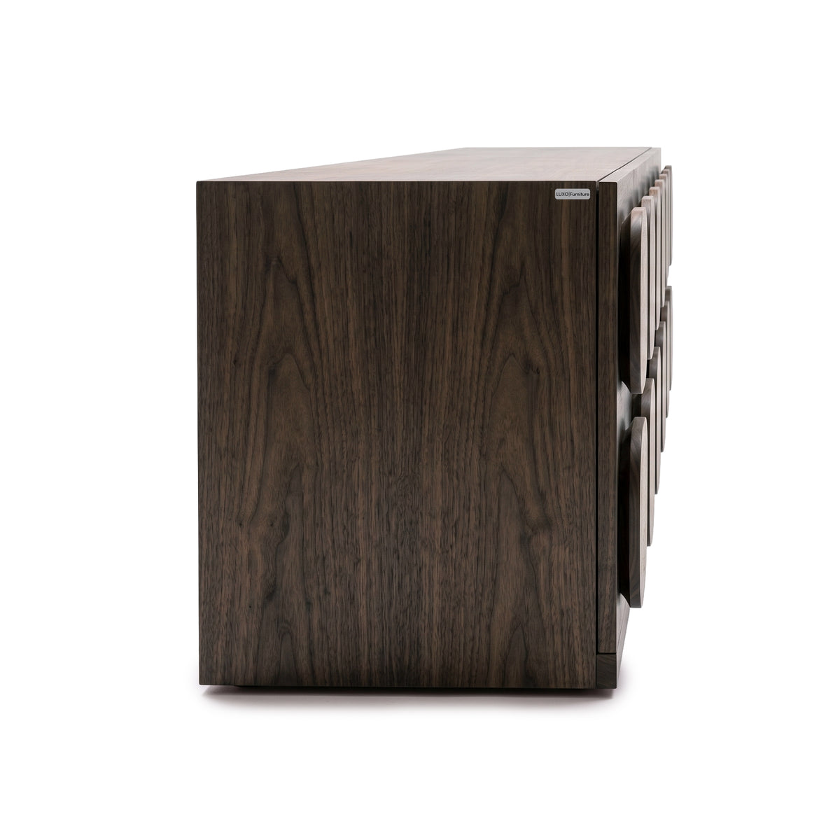 Side view of a dark wood furniture piece on a white background