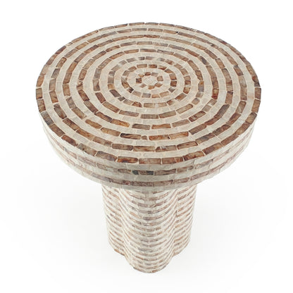Round mosaic pedestal table viewed from above on white background