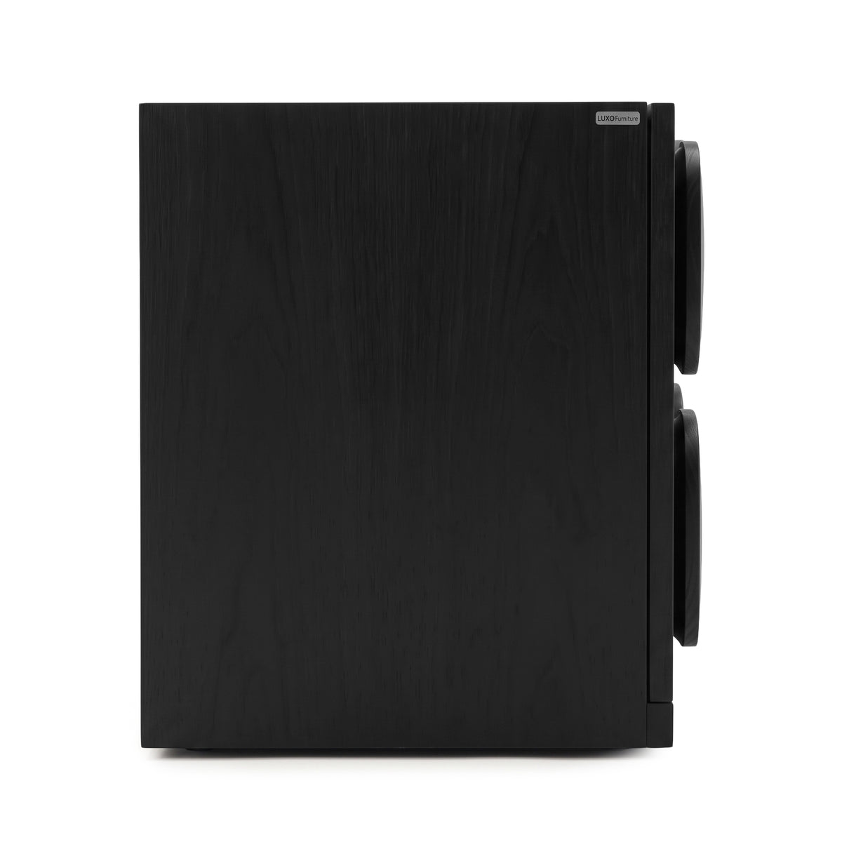 Black sideboard shown from the side on a white background